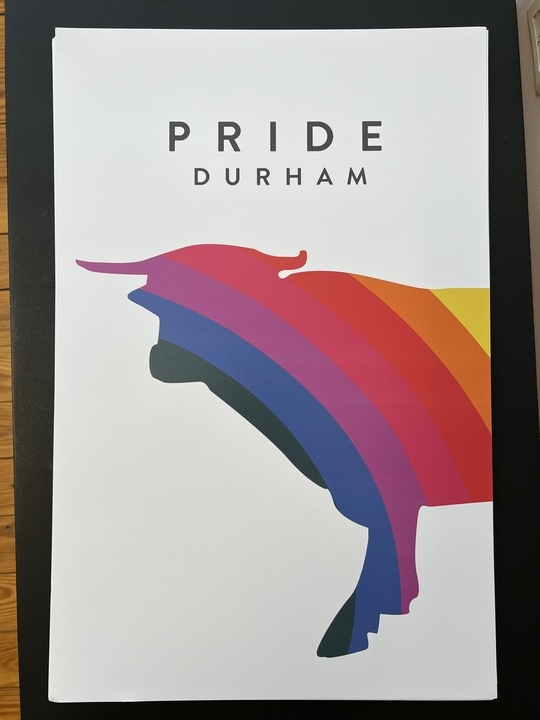 Product Description: Poster with a rainbow bull and words above saying "Pride Durham"</br> Pride Durham Poster